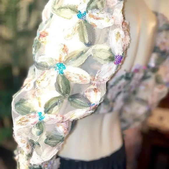 STORiA IVORY AND SAGE SEQUIN BABY DOLL CROP TOP WITH PUFF SLEEVES SIZE SMALL - Picture 9 of 15